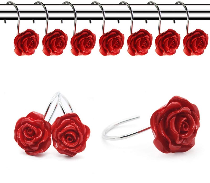 FINROS 12 PCS Home Fashion Decorative Anti Rust Shower Curtain Hooks Rose Design Shower Curtain Rings Hooks (RED) - Image 1